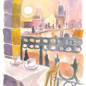 Prague Czech Republic Cafe Table with View of Karluv Most Bridge - Limited Edition Fine Art Print - Original Painting available