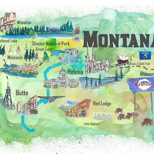USA Montana State Travel Poster Mappa d'arte illustrata - Stampa fine art