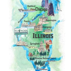 Póster turístico del estado de Illinois, EE. UU., con mapa y lugares turísticos destacados
