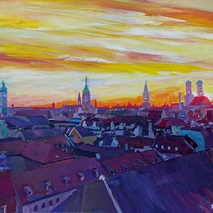 Munich Skyline with Burning Sky at Sunset Painting - Fine Art Print Available