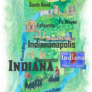 Carte d'affiche de voyage illustrée de l'État de l'Indiana aux États-Unis avec des points forts touristiques