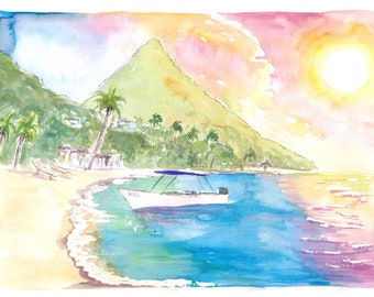 St Lucia Sunset and Amazing Piton Beach Scene - Limited Edition Fine Art Print - Original Painting available