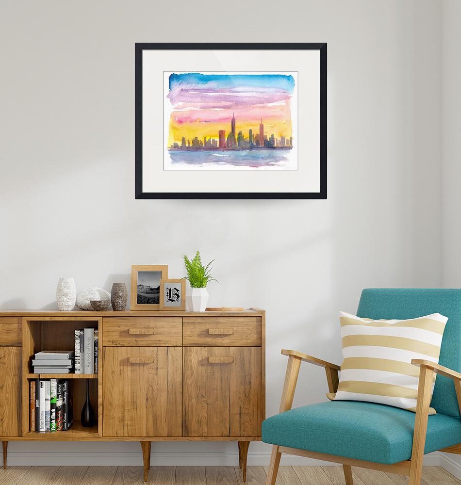 New York City Skyline in Golden Sunset Mood - Original Painting & Art ...