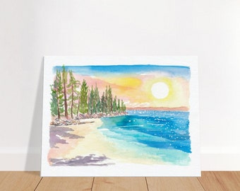 View of Lake Tahoe Shoreline with Blue Water and Mountains - Limited Edition Fine Art Print - Original Painting available
