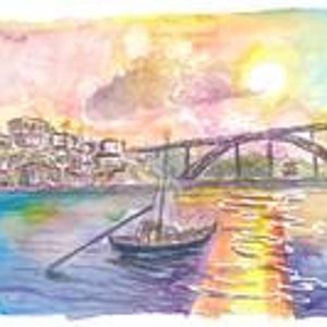 Porto Portugal Old City with Ponte Luís I and Sunset - Limited Edition Fine Art Print - Original Painting available image 6