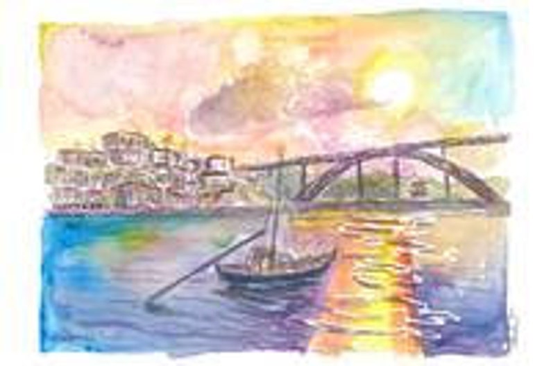 Porto Portugal Old City with Ponte Luís I and Sunset - Limited Edition Fine Art Print - Original Painting available image 6