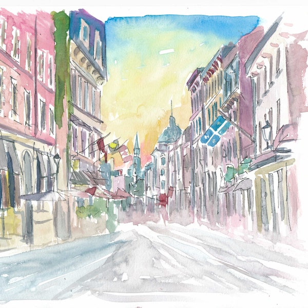 Montreal Quebec Historic Old Street Scene With Sunrise - Limited Edition Fine Art Print - Original Painting available