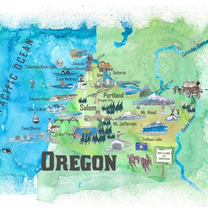 USA Oregon State Reise Poster Illustrierte Landkarte - Fine Art Print