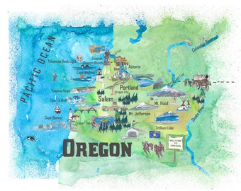 Könnte beinhalten: Eine Aquarell-Illustration einer Karte von Oregon, die verschiedene Sehenswürdigkeiten und interessante Orte zeigt. Die Karte ist in Grün-, Blau- und Brauntönen gemalt, mit einem blauen Aquarellhintergrund, der den Pazifischen Ozean darstellt. Die Karte enthält den Text "Oregon" in großen, fetten Buchstaben sowie die Namen verschiedener Städte, Berge und anderer Sehenswürdigkeiten.