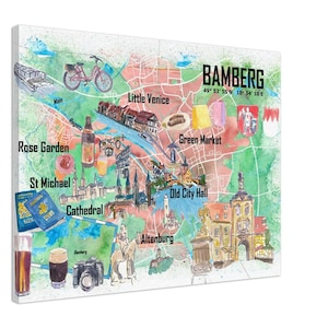 Mapa ilustrado de viaje de Bamberg-Franconia con carreteras y lugares destacados