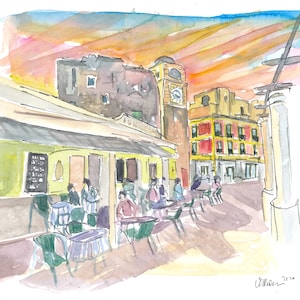 Funicular Mountain Station In Capri Italy With Romantic Piazetta And Sunset - Limited Edition Fine Art Print - Original Painting available