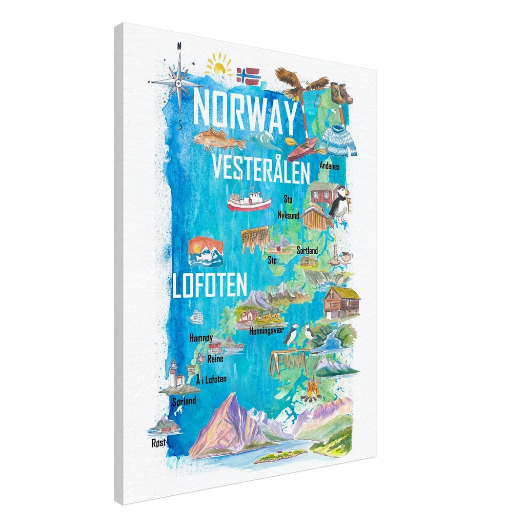 Lofoten & Vesterålen Illustrated Norway Map With Iconic Landmarks - Etsy