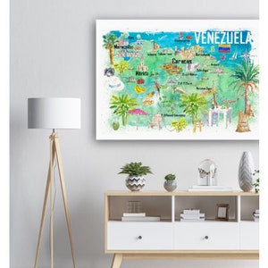 May include: A watercolor painting of a map of Venezuela with the country name in bold letters at the top. The map shows major cities and landmarks, including Caracas, Merida, and Maracaibo. The painting is done in a bright and colorful style, with shades of blue, green, and yellow.