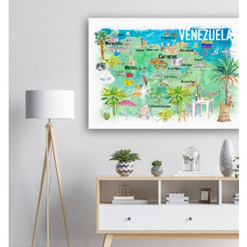 May include: A watercolor painting of a map of Venezuela with the country name in bold letters at the top. The map shows major cities and landmarks, including Caracas, Merida, and Maracaibo. The painting is done in a bright and colorful style, with shades of blue, green, and yellow.