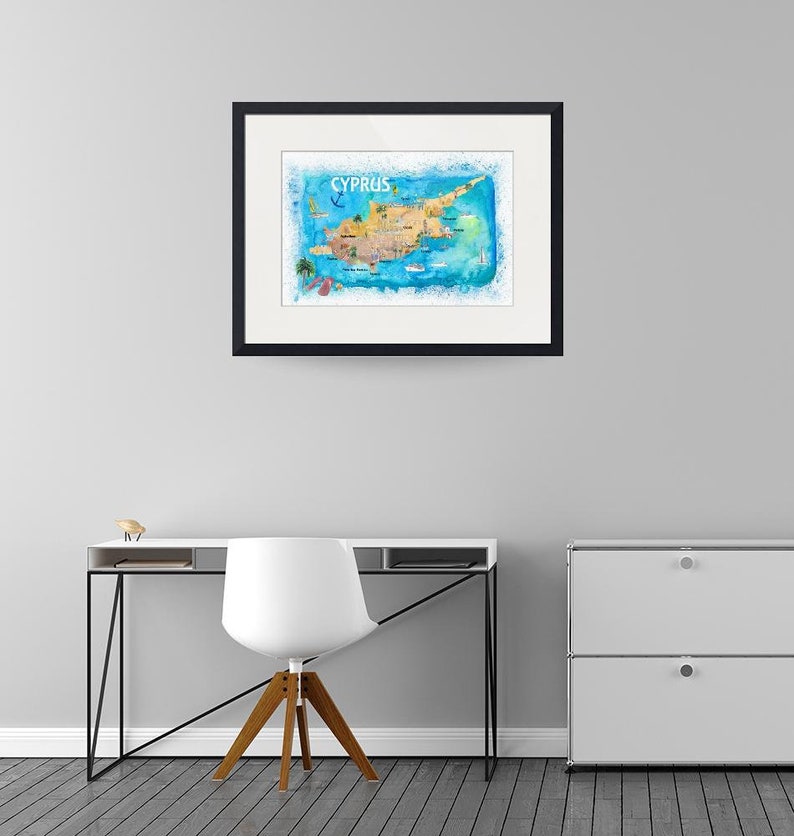 Carte illustrée de Chypre avec les routes principales Monuments et points forts - Fine Art Print Carte vintage rétro avec des points forts touristiques image 6