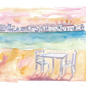 Détente sur la splendide île de Mykonos en Grèce - Tirage d'art en édition limitée - Peinture originale disponible