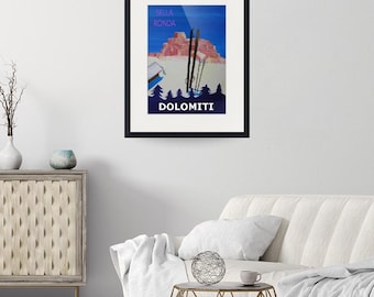 Dolomiti Skiing Dreams with Mountain Hut in Sella Ronda - Retro Poster Fine Art