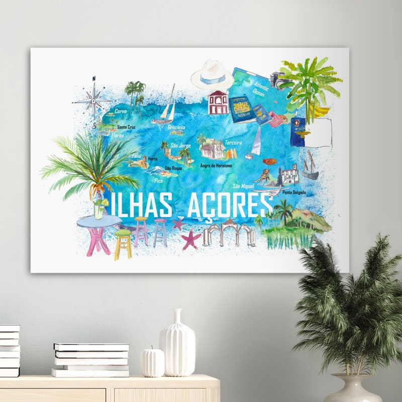 Azores Islands Portugal Illustrated Travel Map With Tourist Highlights ...