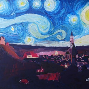 Starry Night in Landshut with Isar Valley Burg Trausnitz and Old Town - Limited Edition Fine Art Print/Original Canvas Painting