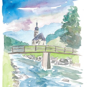 Ramsau Bavaria Church on Creek and Mountains - Original Painting & Art Print