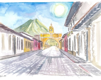Antigua Guatemala Colonial Street With Santa Cataline Arch