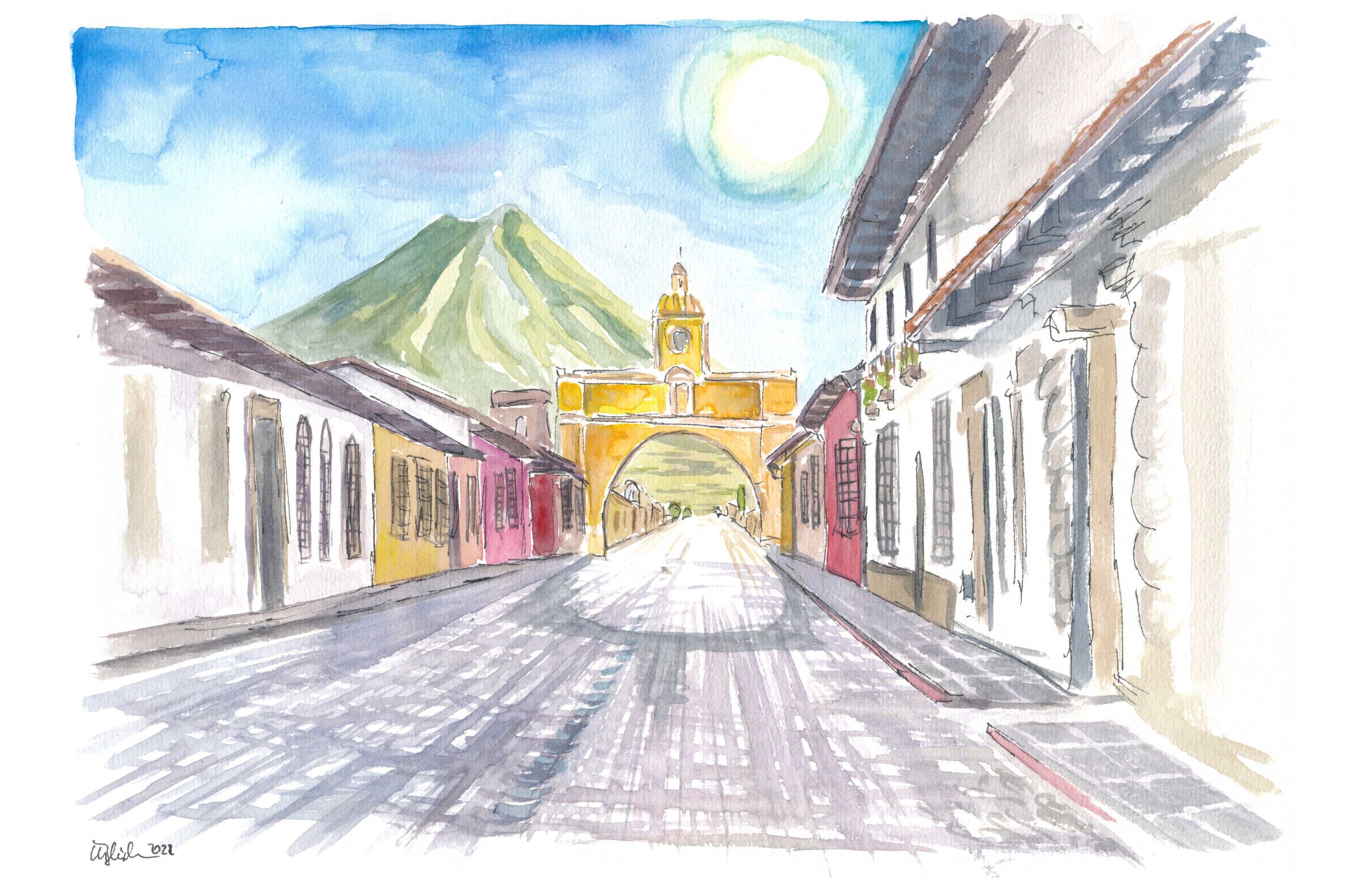 Antigua Guatemala Colonial Street With Santa Cataline Arch