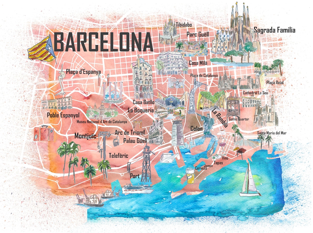 Barcelona Illustrated Travel Map With Main Roads, Landmarks and