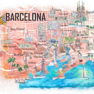 Barcelona Illustrierte Reisekarte mit Hauptstraßen, Sehenswürdigkeiten und Highlights