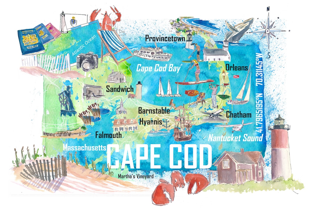 Cape Cod Massachusetts Island Illustrated Island Travel Map With ...
