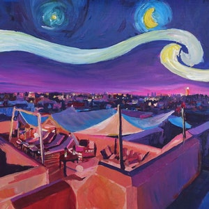 May include: A painting of a rooftop scene in a city at night. The sky is a vibrant purple with swirling white clouds and yellow stars. The city lights are visible in the distance. There are several lounge chairs and a white canopy on the rooftop.