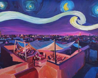 Starry Night in Marrakech Van Gogh Inspirations on Fna Market Place in Morocco- Limited Edition Fine Art Print - Original Painting available