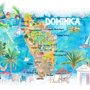 Mapa de viaje ilustrado de Dominica Antilles con carreteras y puntos destacados