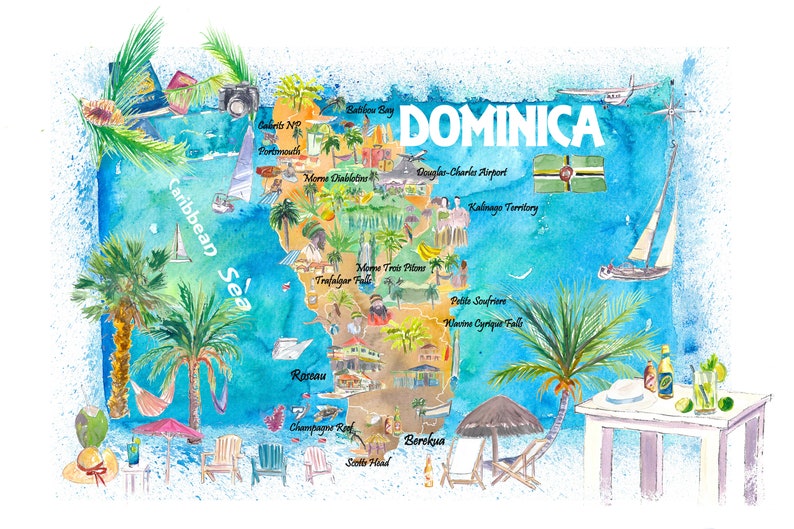Dominica Antilles Illustrated Travel Map with Roads and Highlights image 1