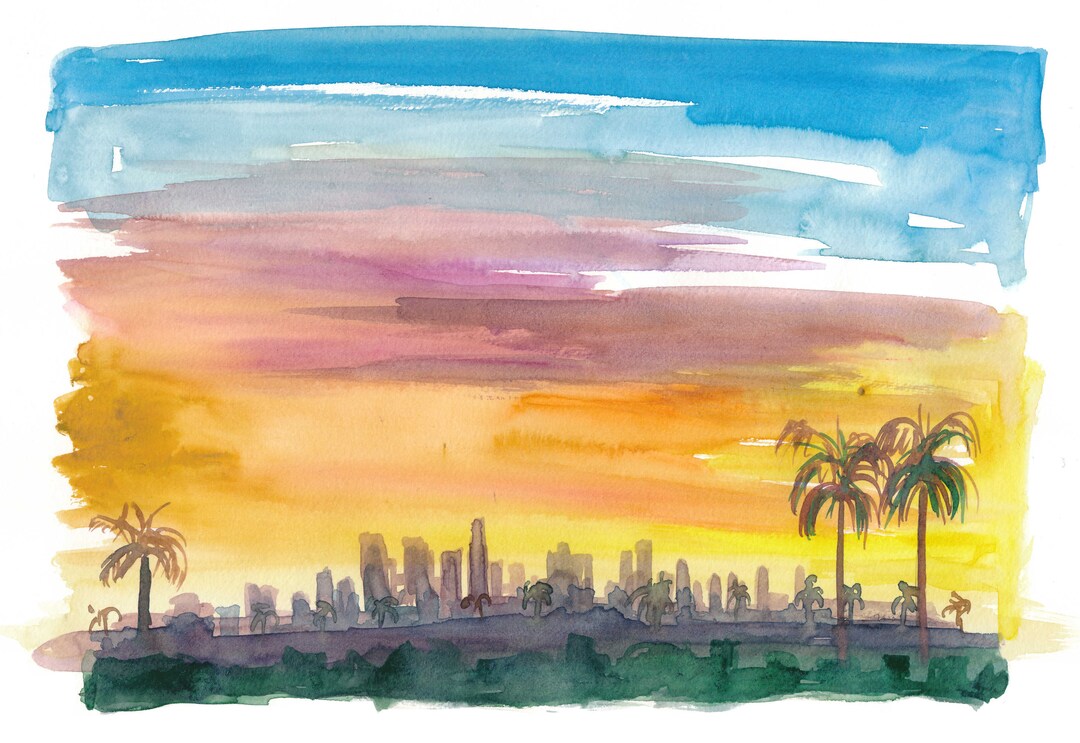 Los Angeles Skyline in Golden Sunset Mood - Original Painting & Art ...