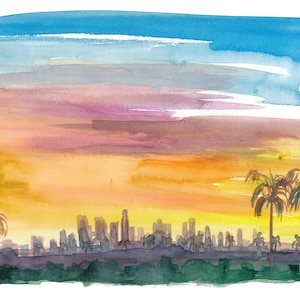 Los Angeles Skyline in Golden Sunset Mood - Original Painting & Art Print