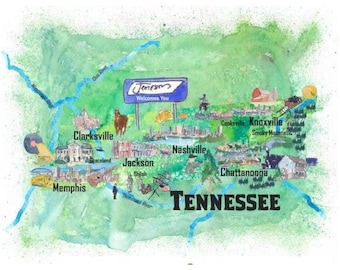 Plakat z mapą stanu Tennessee USA z atrakcjami turystycznymi