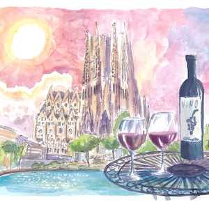 May include: Watercolour painting of a Spanish cityscape featuring the Sagrada Familia. A bottle of wine and two glasses of red wine are on a table. The wine bottle label reads "Vino".