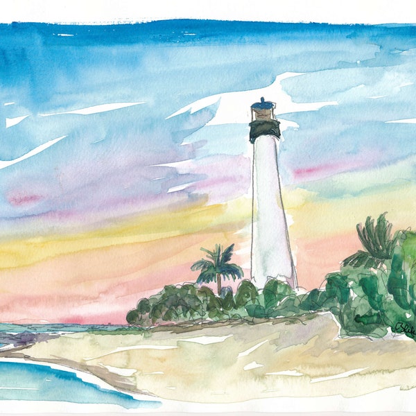 Cape Florida Lighthouse with Sea and Sunset - Limited Edition Fine Art Print - Original Painting available