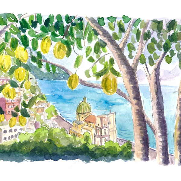 Amalfi Coast Seaview with Fresh Limes on Tree - Edition limitée Fine Art Print - Peinture originale disponible