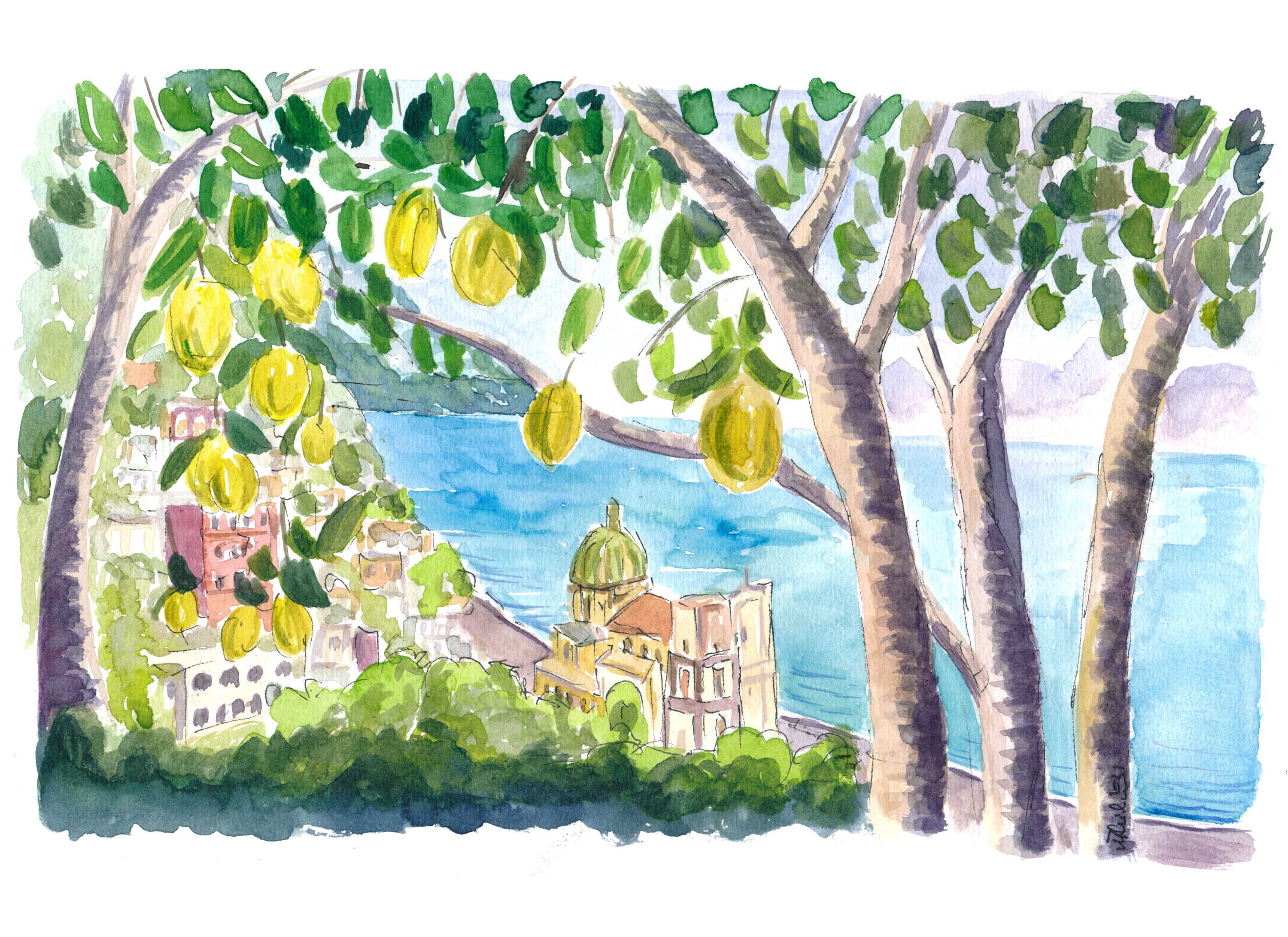 Amalfi Coast Seaview with Fresh Limes on Tree  - Limited Edition Fine Art Print - Original Painting available