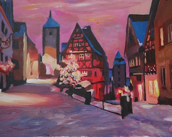 Romantic Rothenburg Tauber Germany Winter Dream Land Painting - Fine Art Print Giclee & Original