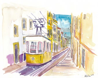 Recorrido inolvidable en tranvía amarillo clásico de Lisboa (Portugal) - Impresión artística de edición limitada - Pintura original disponible