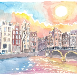 Amsterdam Torensluis Bridge Canal Scene with Sun and Water - Limited Edition Fine Art Print - Original Painting available