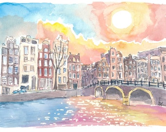 Amsterdam Torensluis Bridge Canal Scene with Sun and Water - Limited Edition Fine Art Print - Original Painting available