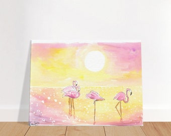 Tropical Beach Vibes with Flamingos in the Sun - Limited Edition Fine Art Print - Original Painting available