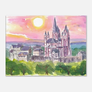 Limburg Cathedral Watercolor Sunset Scene - Limited Edition Fine Art Print - Original Painting available