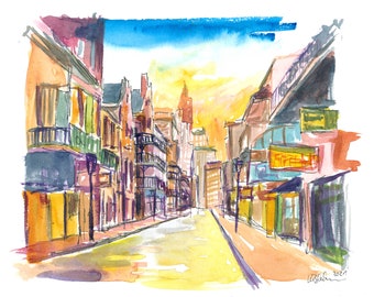May include: Watercolor painting of a street scene in New Orleans. The buildings are painted in shades of yellow, orange, and pink. The street is empty and the sky is blue.