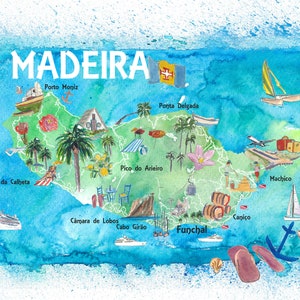Carte illustrée de l'île de Madère au Portugal avec points de repère et points forts - Impression d'art