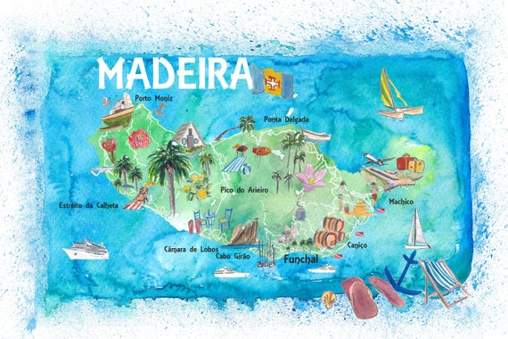 Madeira Portugal Island Illustrated Map with Landmarks and Highlights - Fine Art Print