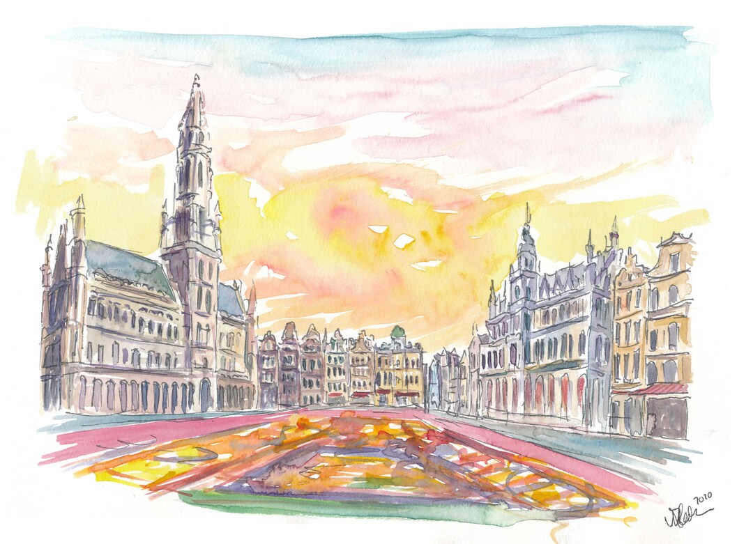 作者不詳 ベルギー画家 ブリュッセル都市風景 油彩 額装 美術品　アート　芸術 ベルギー、ブリュッセルのグランプラスとフラワーカーペット - Etsy 日本